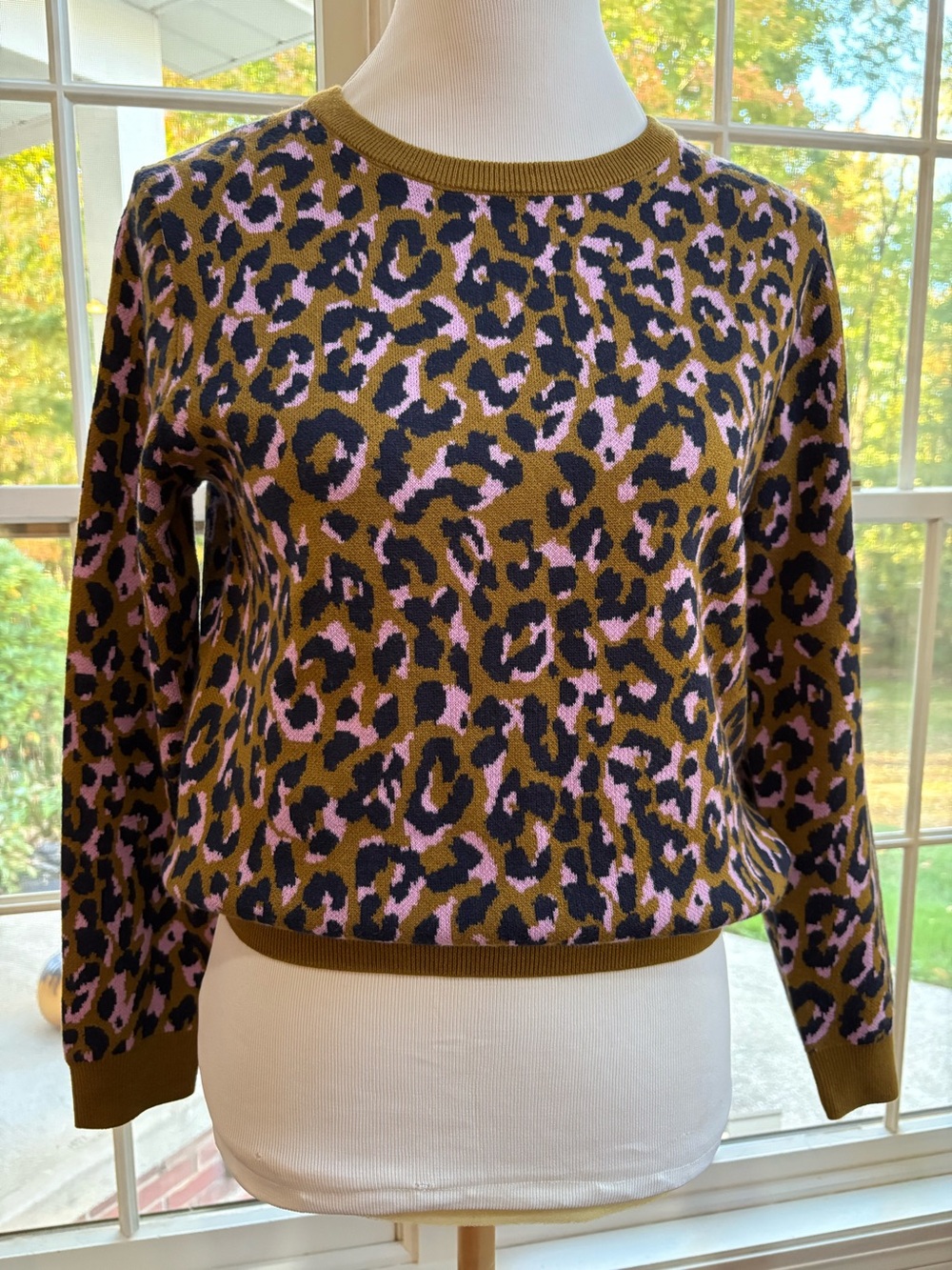 J Crew animal print crewneck sweater brown pink and black size small